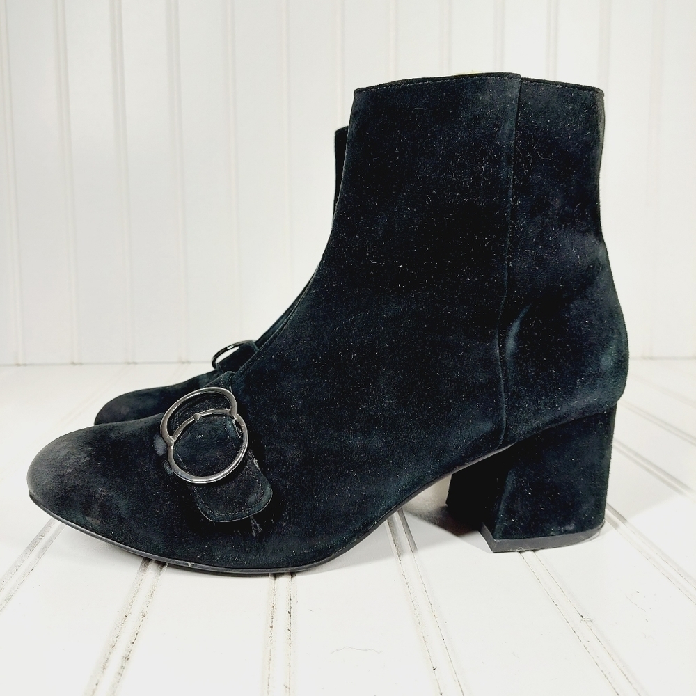 Bleecker & Bond LACEY Boots Black Suede Leather Block Heel Buckle Accent H324